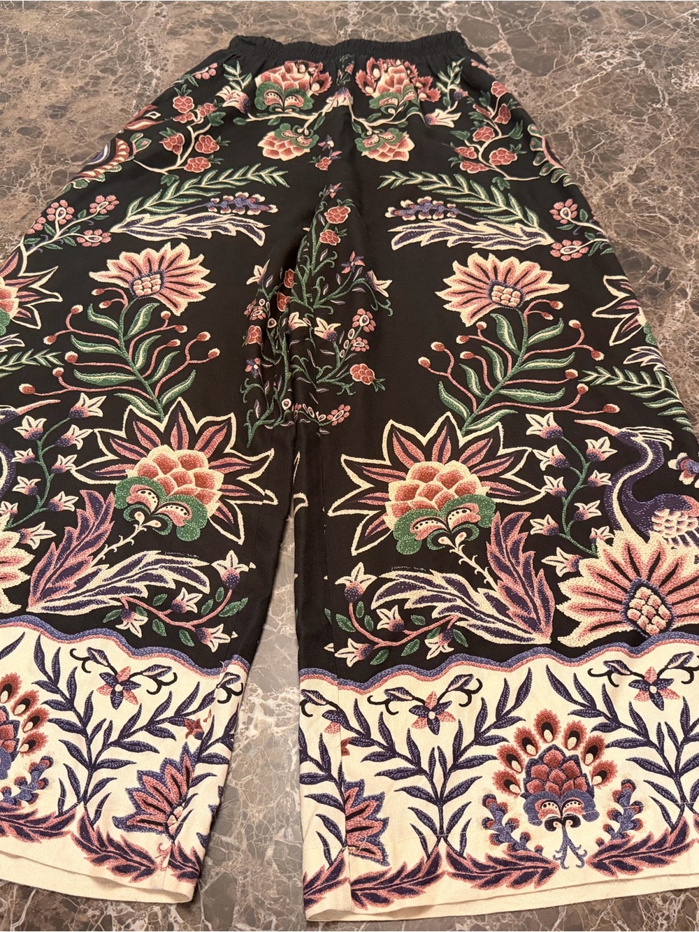 FARM Rio Black Wide-Leg Floral Palazzo Pants with Multicolor Embroidered Print